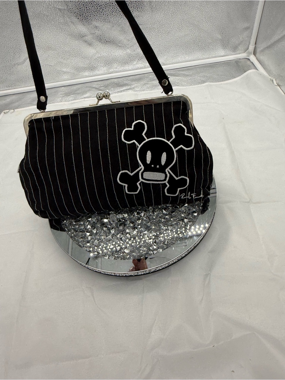 Vintage Paul Frank Black Pinstripe Skull Clutch with Skurvy